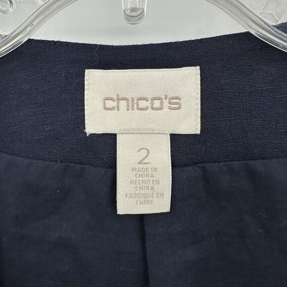CHICOS jacket blazer linen cotton embellished studded rhinestones blue M L 2 - Picture 7 of 8
